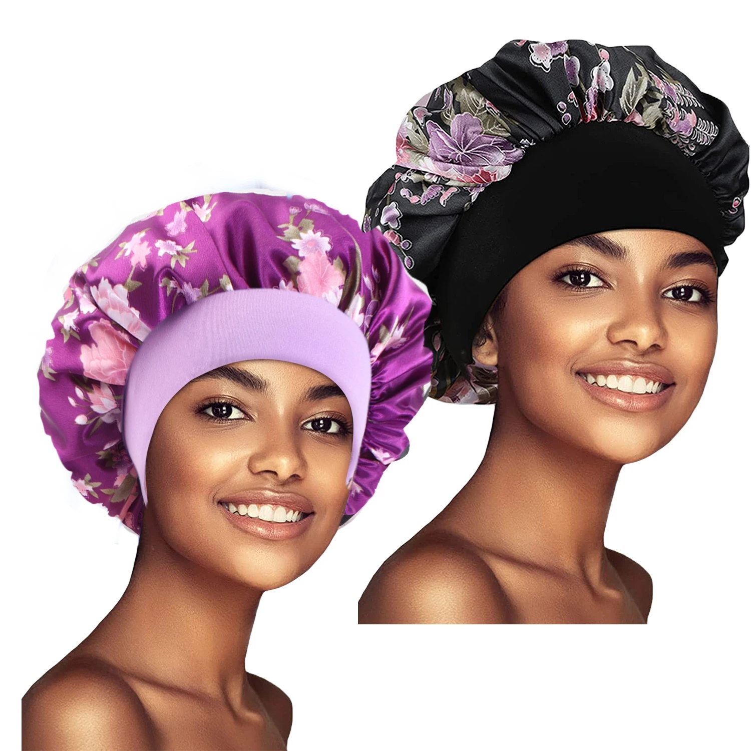 2pcs Set Floral Pattern Satin Women Bonnet African Style Night Sleep Cap Soft Extra Large Head Wear Lady Headwrap Bonnet Turban
