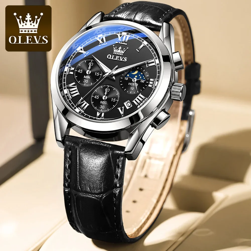 OLEVS 2871 Quartz Waterproof Men Wristwatch, Fashion Genuine Leather Strap Multifunctional Exquisite Watch For Men Luminous