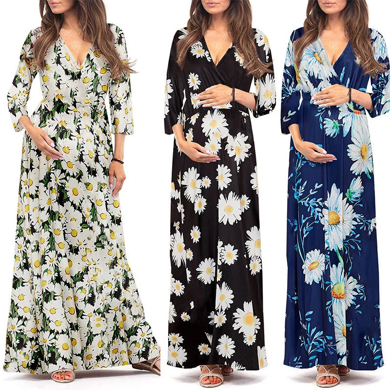 

Maternity Dresses Pregnant Women Nursing Dress Breastfeeding Floral Print V-neck Short Sleeve Maxi Dress Lactation Clothes