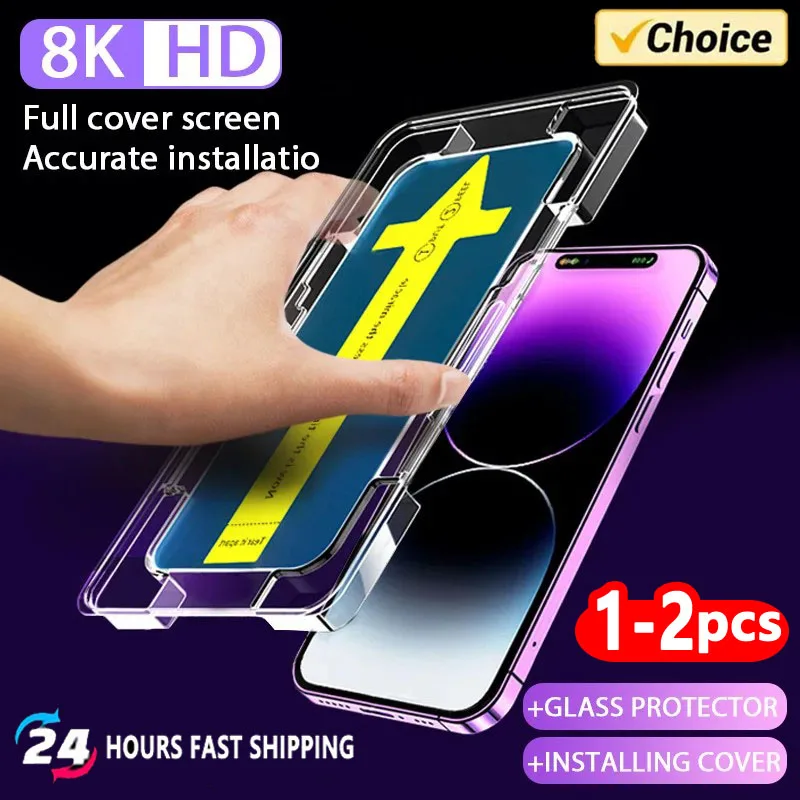 1-2Pc 8K High End Tempered Glass For iPhone 15 14 13 12 11 Pro Max XS MAX 15 Plus Screen Protector With Alignment Mounting Cover