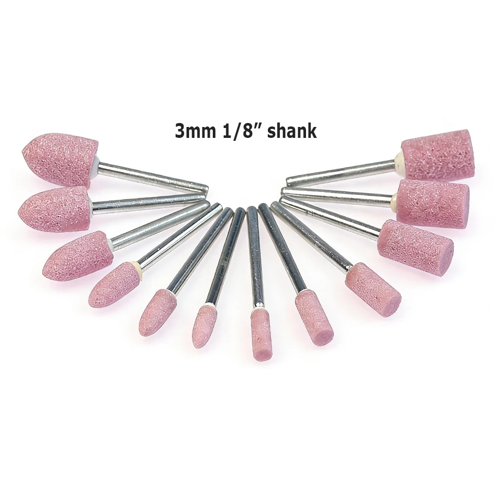 Dia. 4mm-12mm Red Corundum Grinding Stone Heads 3mm Shank Mounted Abrasive Wheel Metal Deburring Mould Polishing Dressing