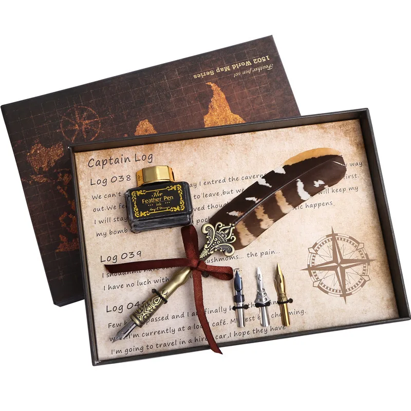 

1Set Feather Pen European Vintage Calligraphy Pen Set Business Gift Ink Pen Natural Pattern Wedding Banquet Signature Pen