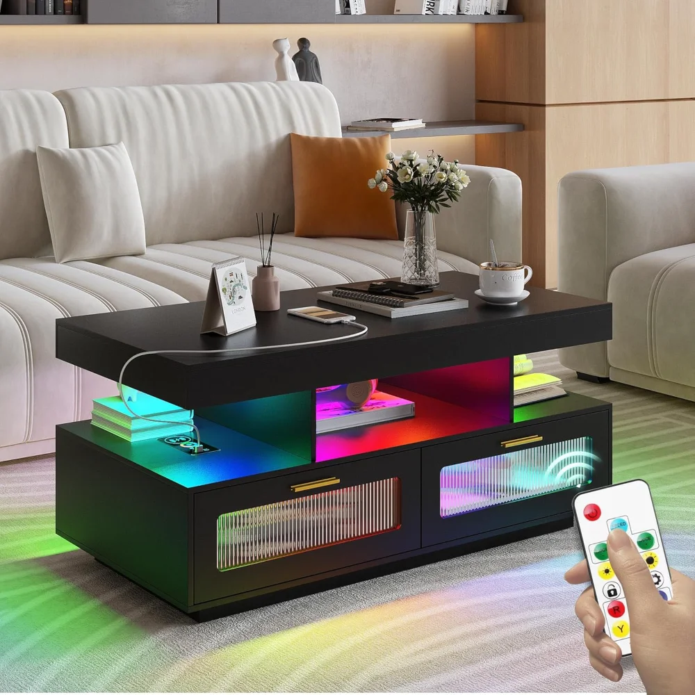

Small Black Modern LED Coffee Table - Smart Acrylic Low Tea Table with Auto RGB Lights & Charging Station for Living Room