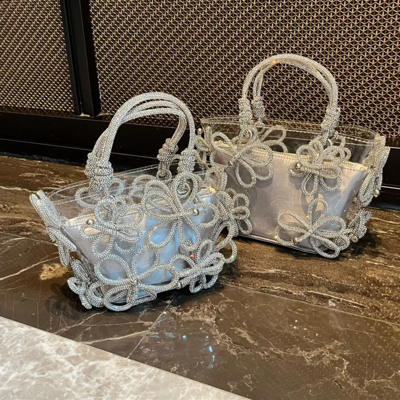 Borsa a secchiello per l\'acqua con papillon di diamanti caldi trasparenti in gelatina di PVC avanzata fatta a mano con cesto di verdure Set di fiori