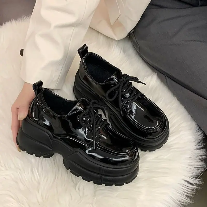 Ladies Fashion All-match Leather Shoe Summer Spring Classic Black Thick-soled Casual Women Shoe Retro College Style Shoe England