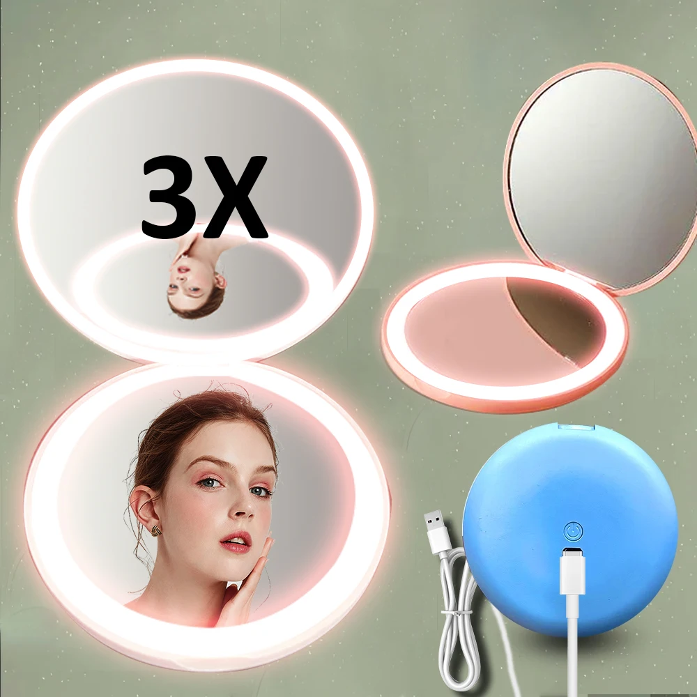 Espejo de bolsillo compacto de maquillaje plegable de 2 lados para mujer, Mini espejo personalizado con luz LED pequeña, efecto luminoso cosmético, rosa y blanco