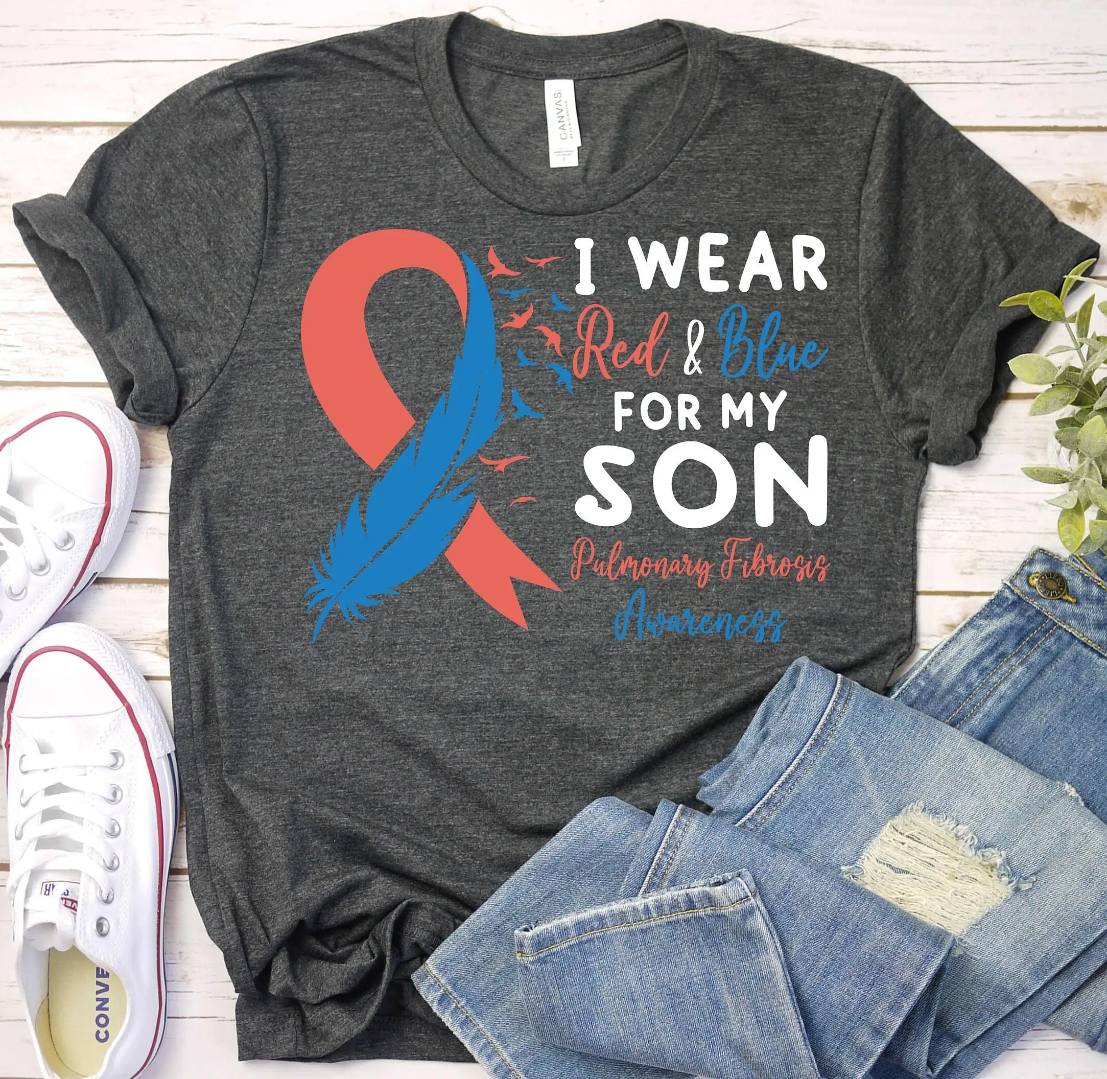 Pulmonary Fibrosis Awareness T Shirt Red Blue Ribbon Support Son Lung Disease Transplant