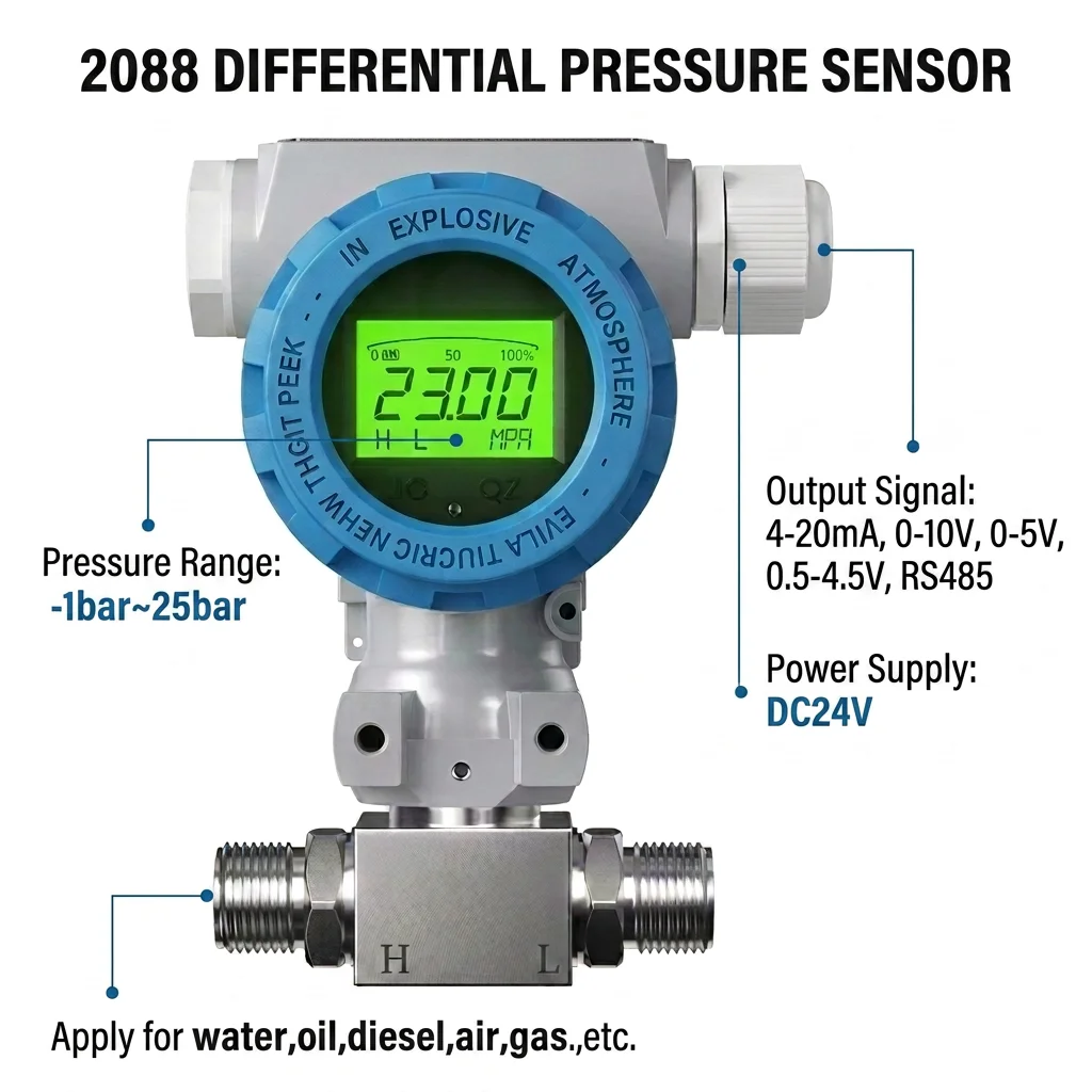 G1/4 Differential Pressure Transmitter 0-1Mpa 5Kpa to 4-20mA 0-10V RS485 0.5-4.5V Differential Pressure Sensor Transducer
