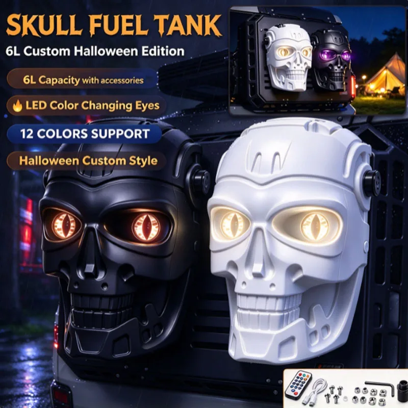 6L Skull Fuel Tank Petrol Can Water Tank Gas Spare Jerry Can Oil Container with LED Changing Eyes & Installation Accessories