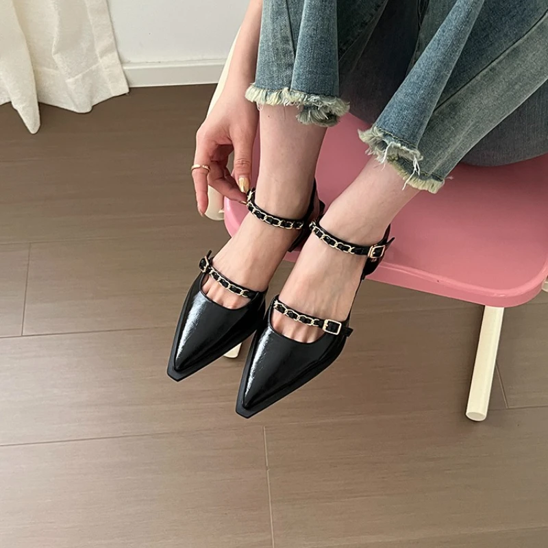 Women's Sandals 2025 New Pointed Toe Shallow Mouth Metal Chain Breathable Single Shoes Summer High-quality Luxury Women's Shoes