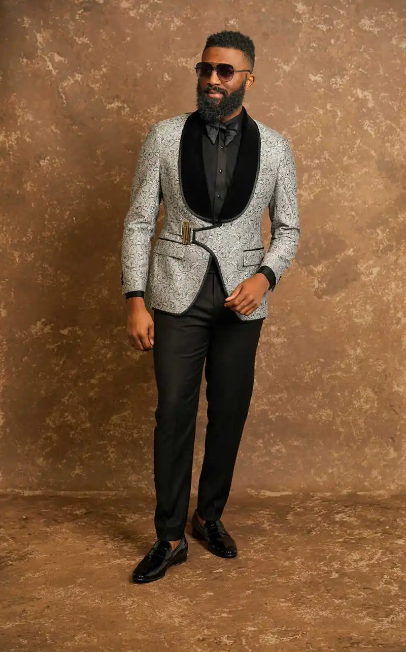 패션 자카드 남성 웨딩 턱시도 숄 라펠 재킷 블레이저 루즈핏 비즈니스 행사 파티 2피스 맞춤 제작