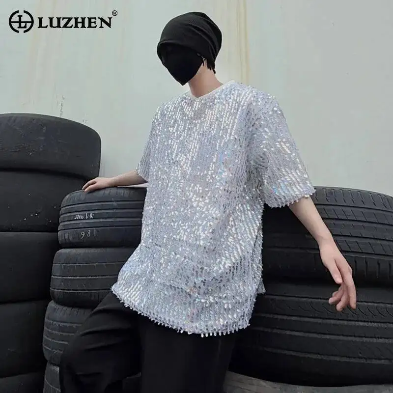 LUZHEN 2026 Summer Solid Color Sequin Patchwork Design Loose Short Sleeve T-shirts Men's Fashion Handsome Street Clothes JY7797