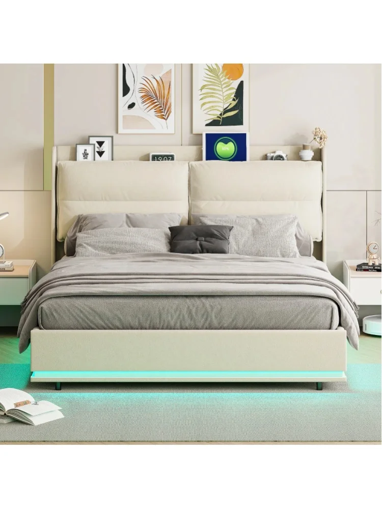 Fangange Polster-Doppelbett 140x200cm / 160x200cm, Hydraulisches Hubbett mit Stauraum, RGB-LED-Beleuchtung & USB Typ-C, Lattenrost inklusive