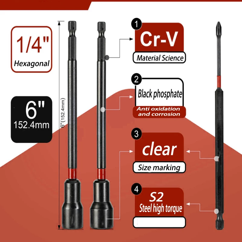 16Pcs Magnetic Nut Driver Set Long Nut Drivers for Impact Drill 1/4\