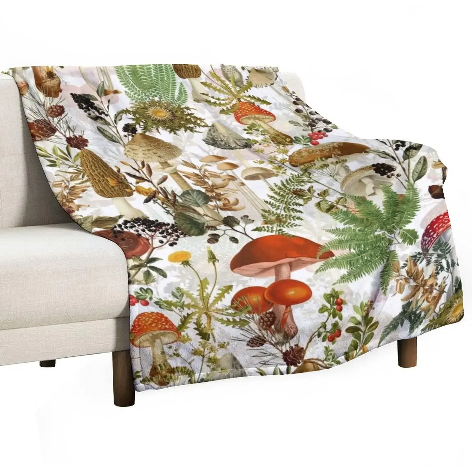 Vintage Midnight Mushrooms Forest Botanical Garden Pattern - White Throw Blanket for sofa Tourist Plush Designers Thin Blankets