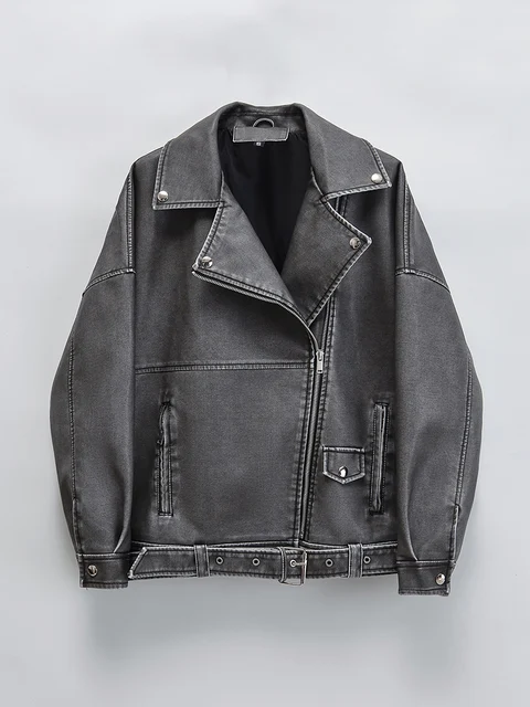 Ailegogo Wiosna Jesień Kobiety Luźna Retro Pu Faux Leather Kurtka Vintage Kobieta Zamek błyskawiczny Pasek Moto Biker Płaszcz Szykowna Odzież wierzchnia