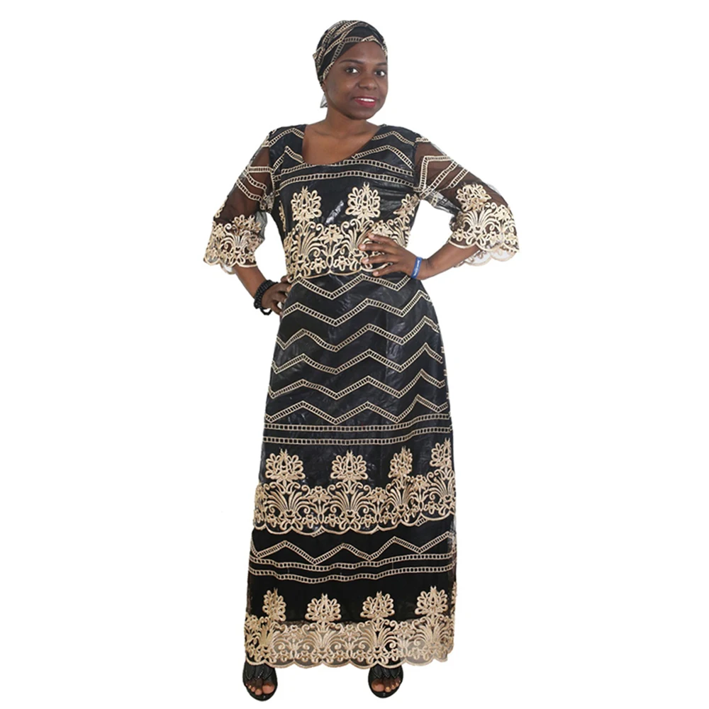 

H&D African Dresses for Women Bazin Riche Embroidery Long Dress Plus Size Dashiki Ankara Blue Robe Designer Clothes Turban