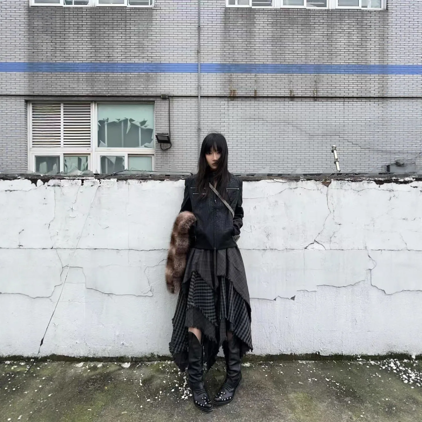 

Punk irregular plaid skirt women's spring and summer y2k splicing medium and long skirt