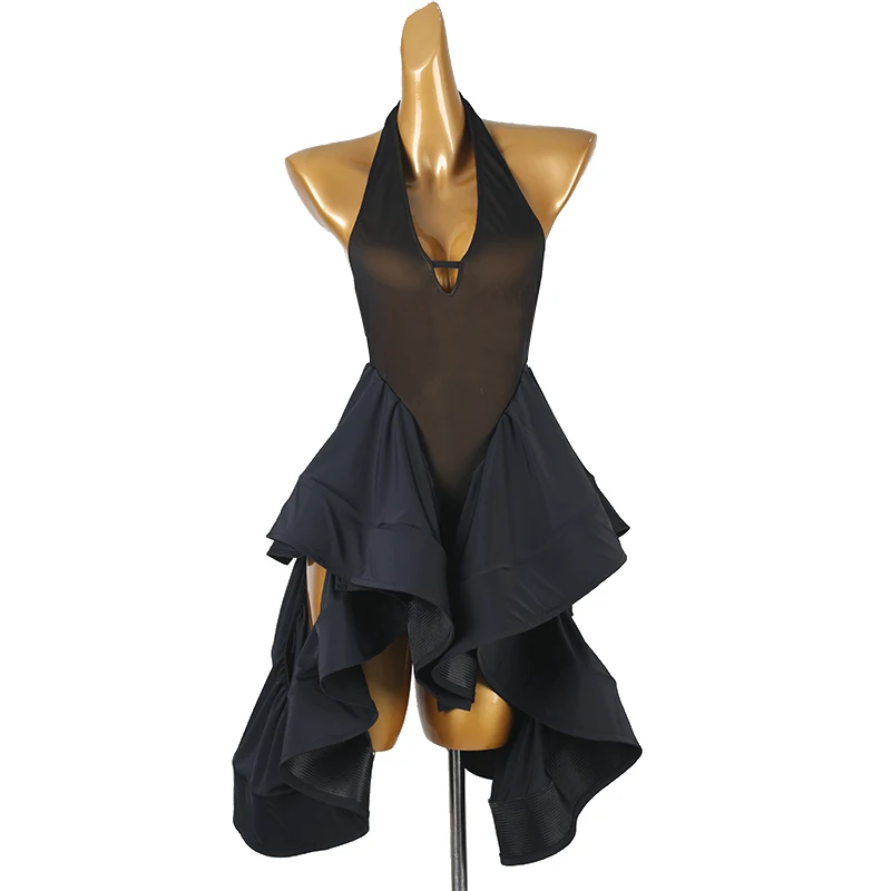 Black Latin Dance Dress Women Performance Clothing Sexy Halter Dresses Latin Dance Show Stage Wear Adult Rumba Dancewear VDL3852