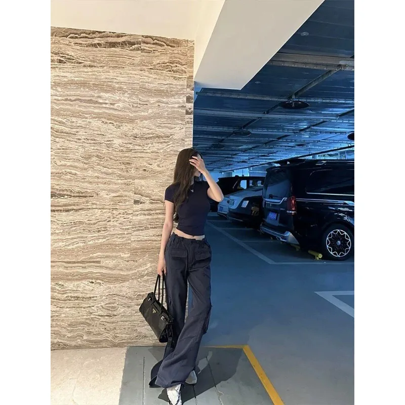 Women New 2026 American Spice Girls White Navy Blue, Casual and Sexy Overalls, Pocket Waist Straight Pants, Sports Pants.