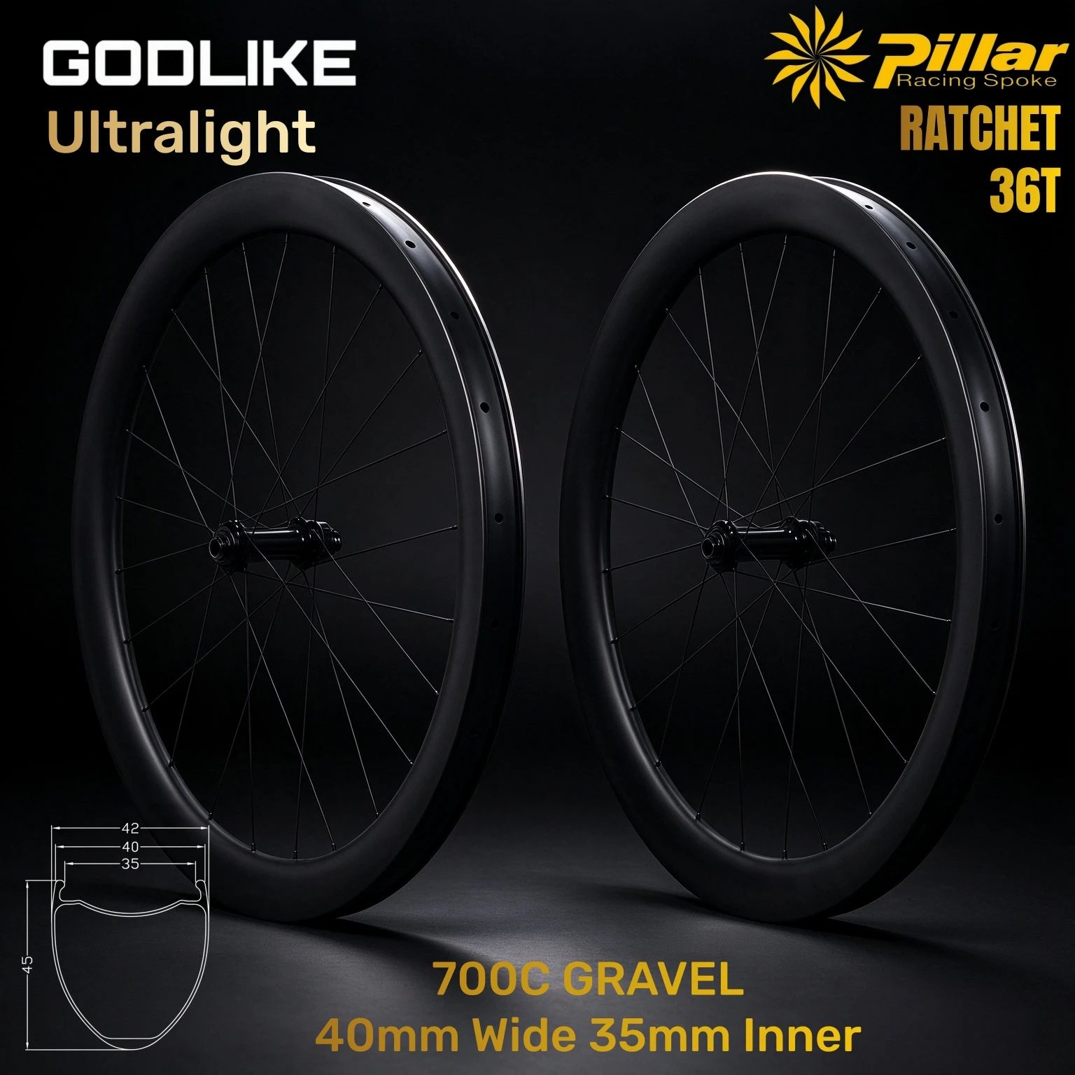 GODLIKE 700C Carbon Road Gravel Wheelset 40mm/35mm Wide 45 Disc Brake Carbon Spokes 36T Ratchet Center Lock Wheelset