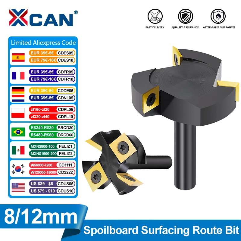 XCAN Milling Cutter 8mm 12mm Shank CNC Spoilboard Surfacing Route Bit Carbide Insert Wood Slab Flattening Planer Bit