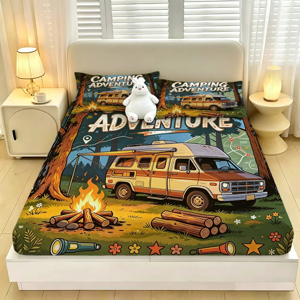 3pcs Happy Camping Tent Printed Coreless Bed Sheet Summer Set Multi Size Soft Comfortable Bedding Decoration Machine Washable