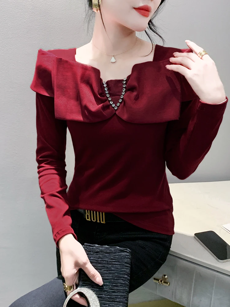 Faionable  Knot Long Sve One oulder T-irt Women's Base irt Sli Versatile Commute Sle Korean Fit Cot...