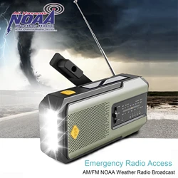 Emergency NOAA Weather Radio,Portable Hand Crank Radio,Solar Powered,AM/FM,SOS Alarm,Flashlight 2000mAh Rechargeable Power Bank