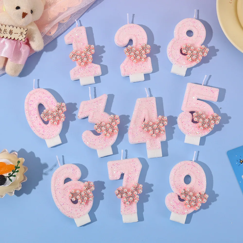 Light pink pearl-studded diamond bow-shaped number candle, party gift, birthday and anniversary party candle