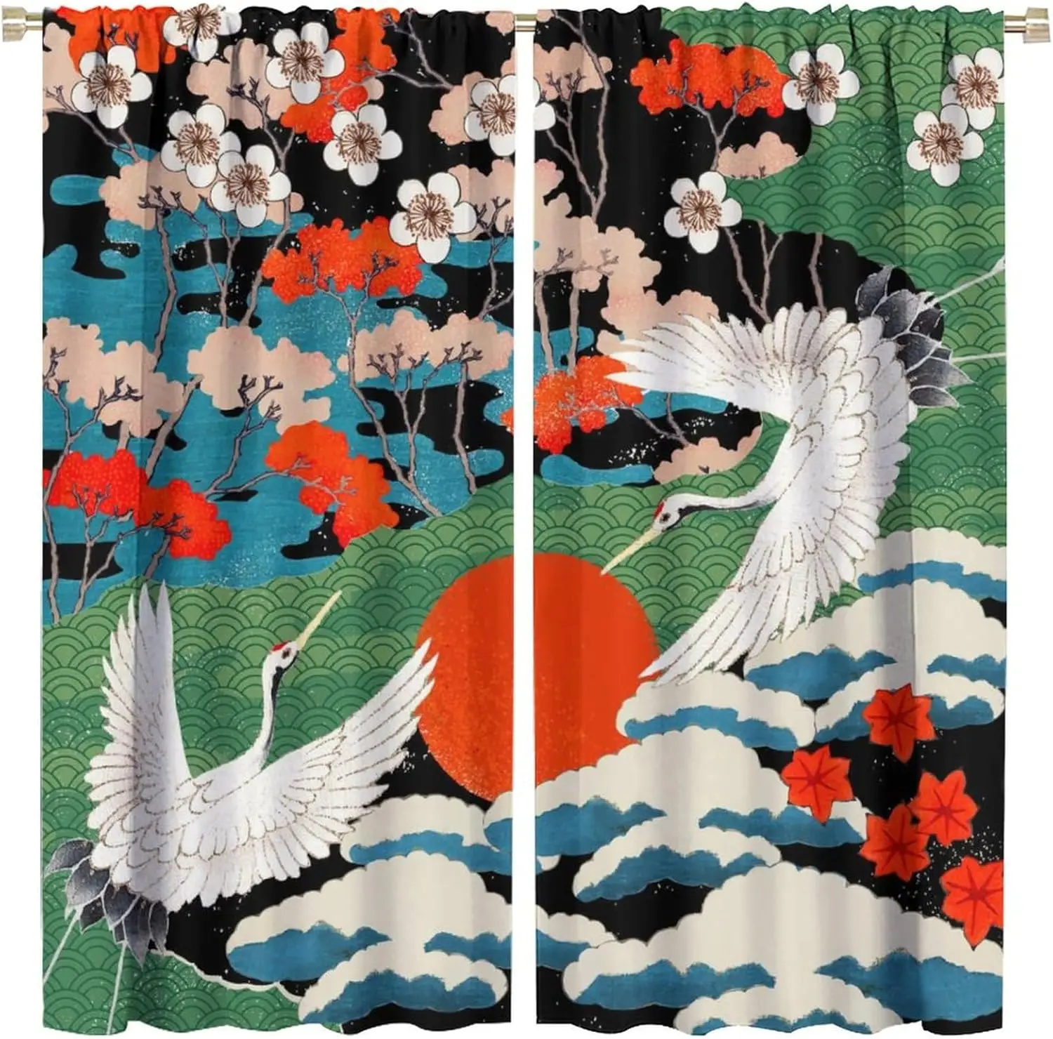 Japanese Flying Crane Rod Pocket Curtain Wave Plum Blossom Maple Red Sun Ukiyo-e Print Decor For Bedroom Living Room Home