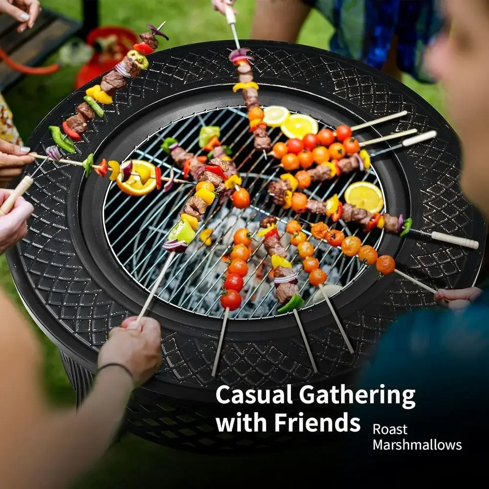 32-Inch Round Outdoor Multipurpose Wood-Burning Fire Pit with Metal Bowl and Portable Cover for Camping, Picnics, and Grilling