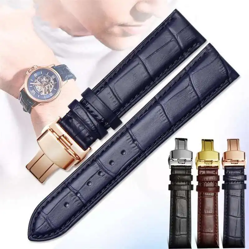 Multi Sized Durable Blue Genuine Cow Leather Watchband Brown Black Calfskin Strap Deployment Clasp Fit For Men And Women's Watch