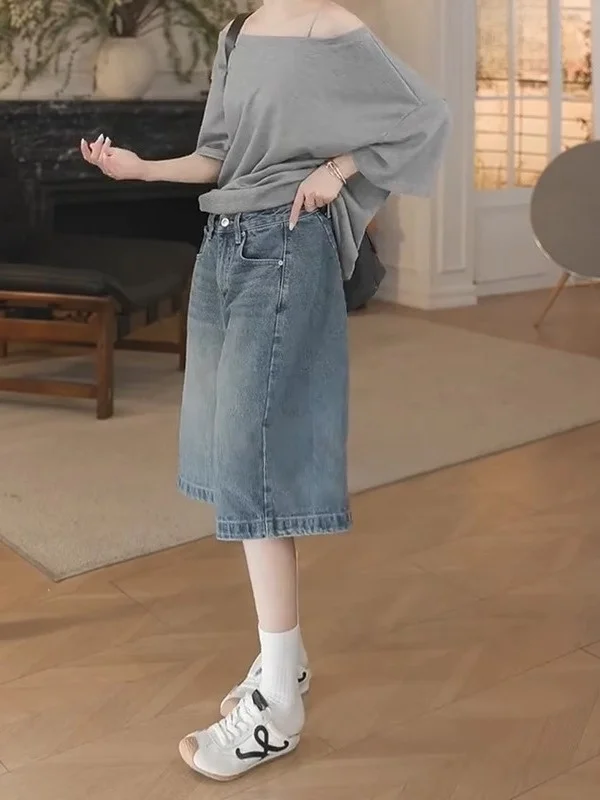 

Retro Blue Wide Leg Denim Shorts Women Summer Thin Loose plus Size Slimming Straight Five-Quarter Jeans High Waist Casual Wear