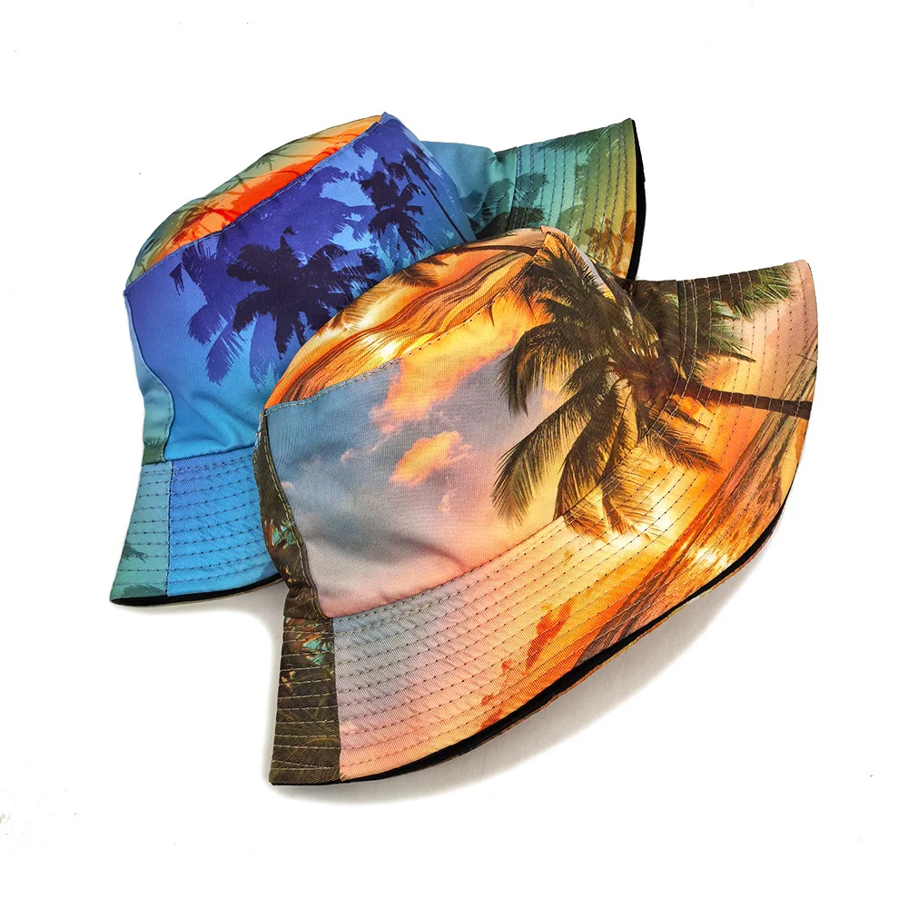 Hawaii coconut tree beach print double-sided fisherman hat - summer and spring seaside vacation outdoor leisure hat