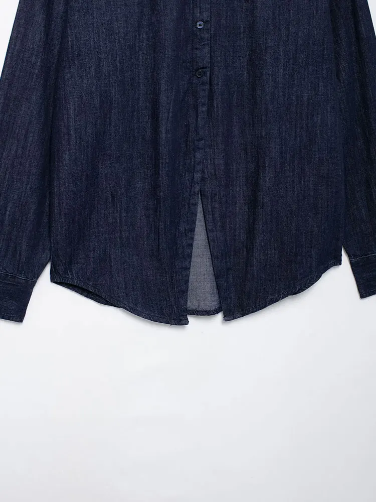 TRAF 2024 Autumn Casual Solid Women Denim Blouse Turn-down Collar Long Sleeve Single Breasted Blouse Fashion Shirts