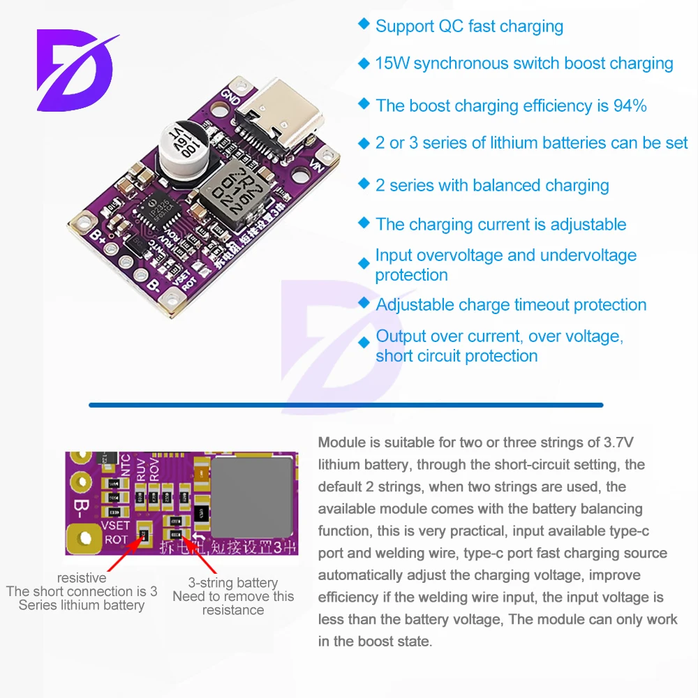 2S 3S Type-c USB Boost Converter Step-up Power Module Lipo Polymer Li-ion Charger Protection Board Support QC Fast Charging