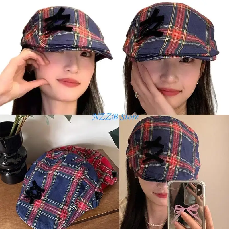 

T21F Japanese Hat with Lattice Pattern Spring Hat Bowknot Painter Hat for Adult Skin Friendly Peaked Hat