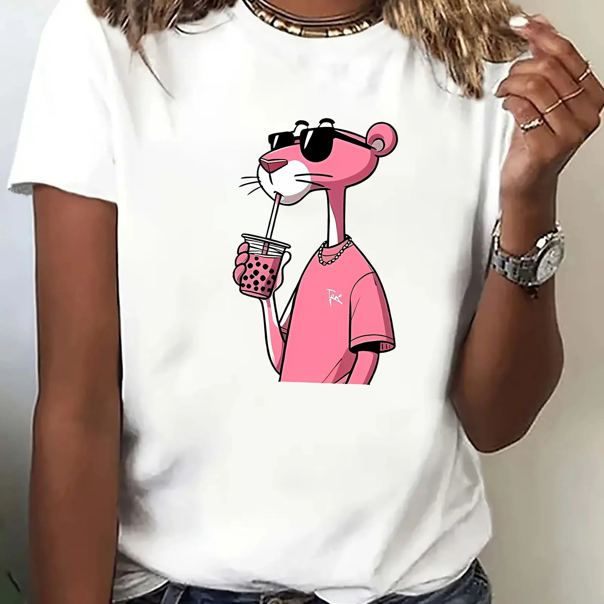 

Pink Leopard Graphic Printing Summer Autumn Winter Cotton Men's and Women's T-Shirts Short Sleeves Luxury Outdoor Sports Brand