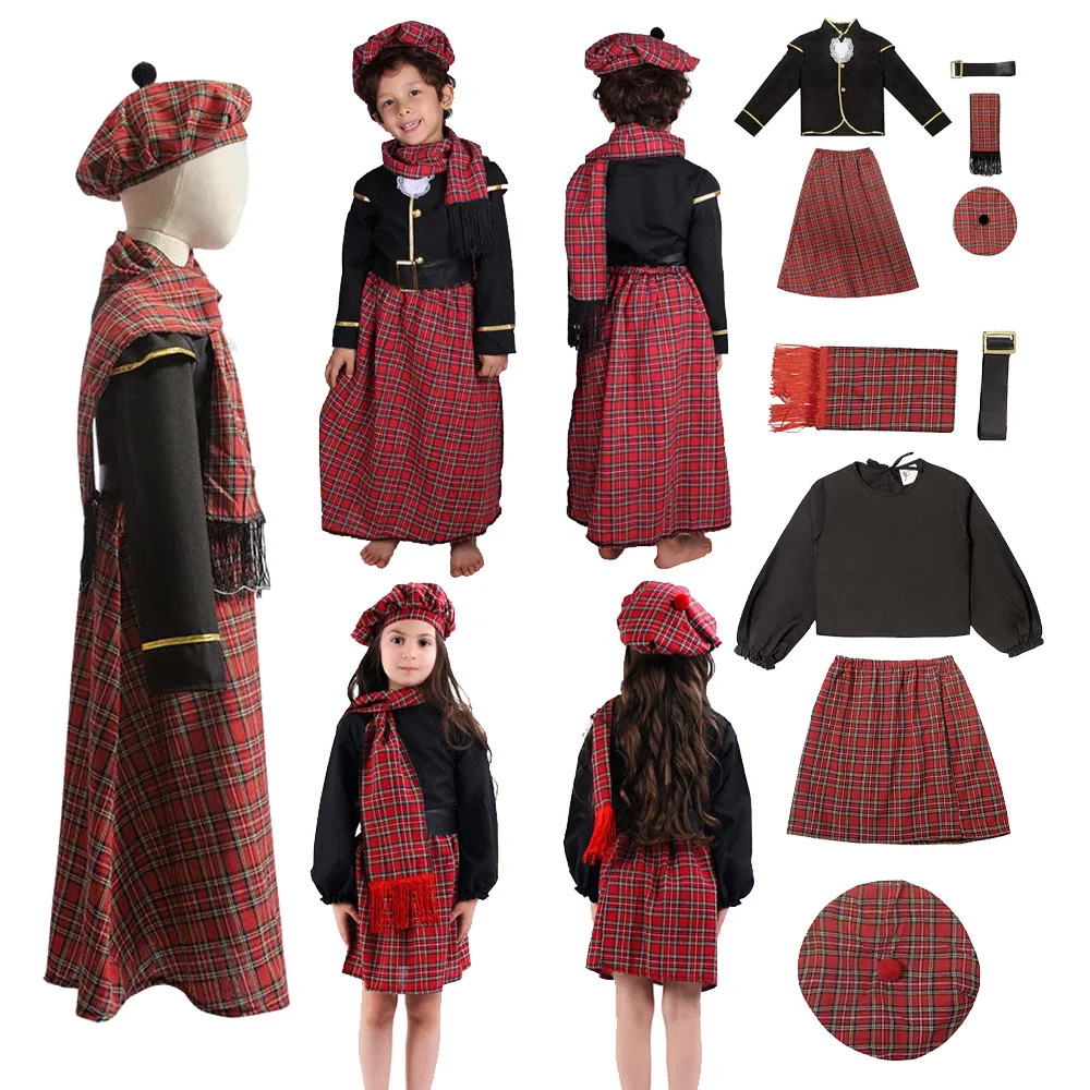 Stage Performance Kids Girls Boys Scottish Red Plaid Skirt Cosplay Costume Hat Hoodie Skirt Scarf Pants Halloween Party Suit