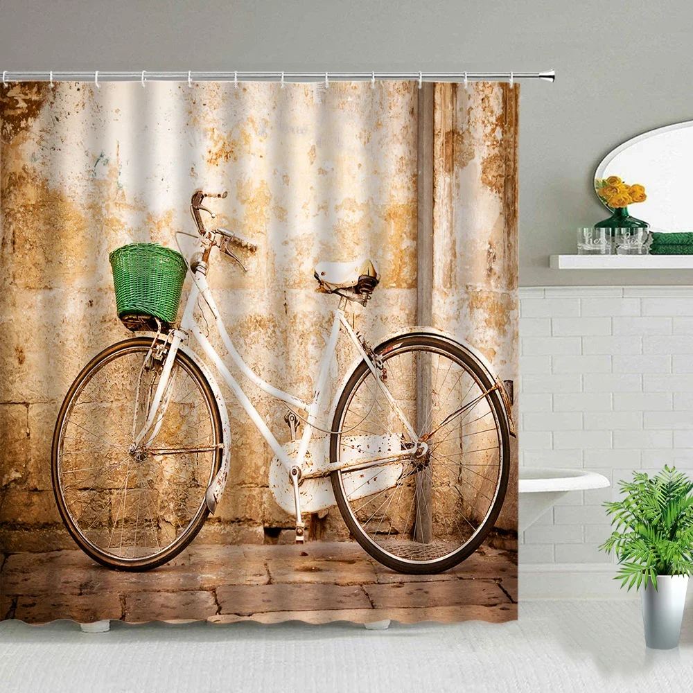 Retro Old Street Building Bicycle Landscape Shower Curtains European Style Poster Bathroom Curtain Waterproof Fabric With Hooks