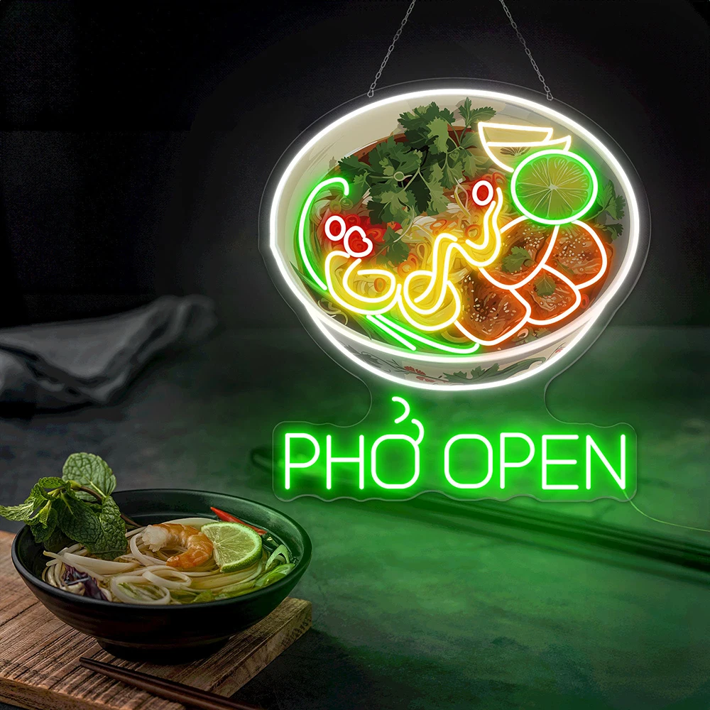 Pho señal de neón abierta, señal de neón abierta, comida vietnamita, luz Led Pho, restaurante vietnamita, bienvenida, regalo de apertura, luz de