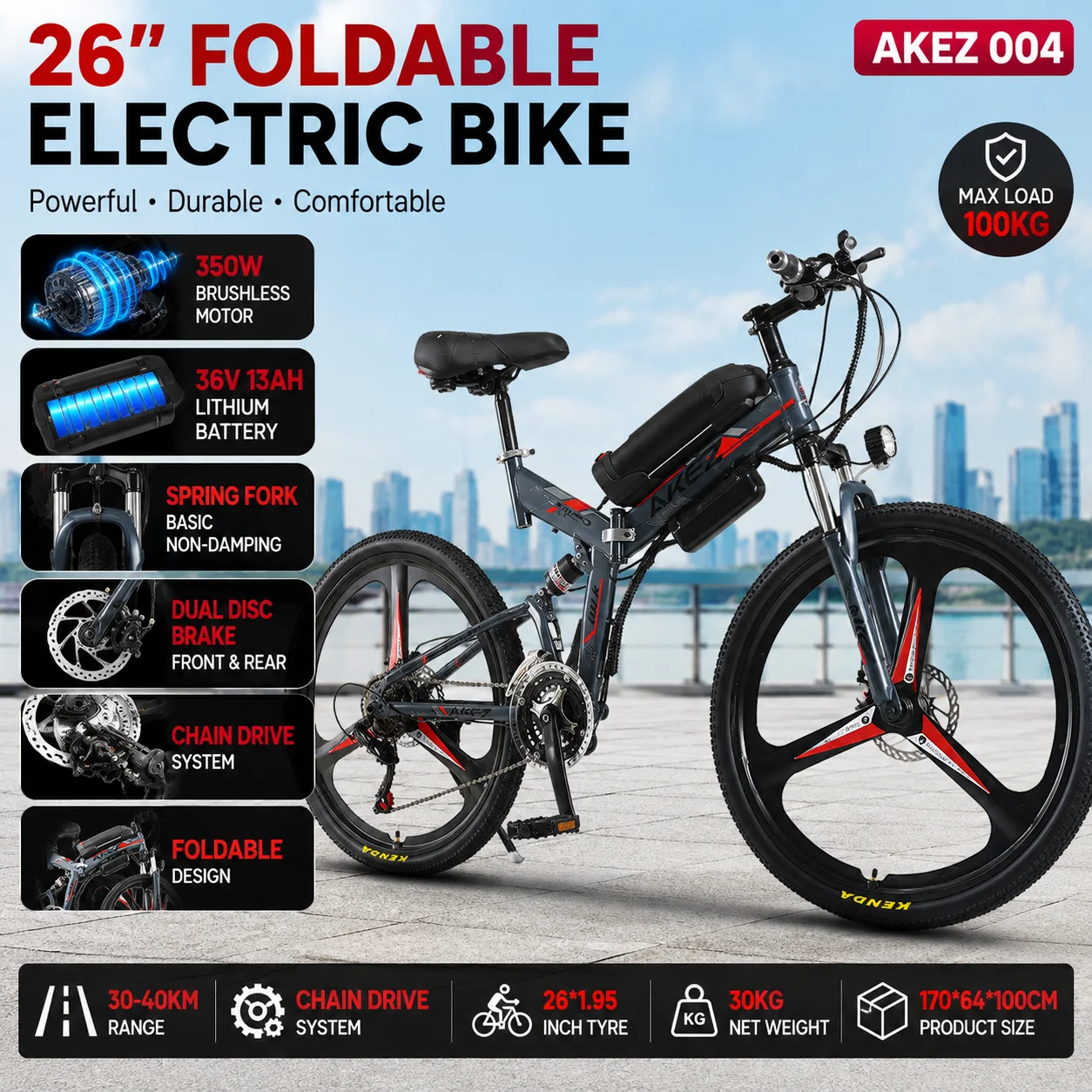 

AKEZ 004 E-Bike Foldable Electric Bicycle for Adults 26” E-Bike 350W Brushless Motor 36V 13Ah Battery 40KM Range City Bike