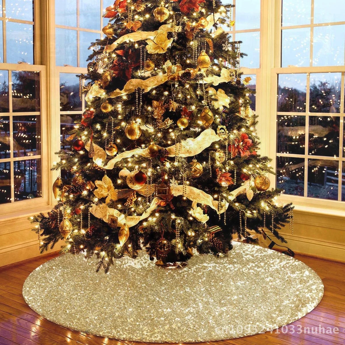 

Christmas Tree Skirt Gold Sequins Decorative Bottom Apron Handcrafted Light Luxury Polyester Fiber for Festive Decoration