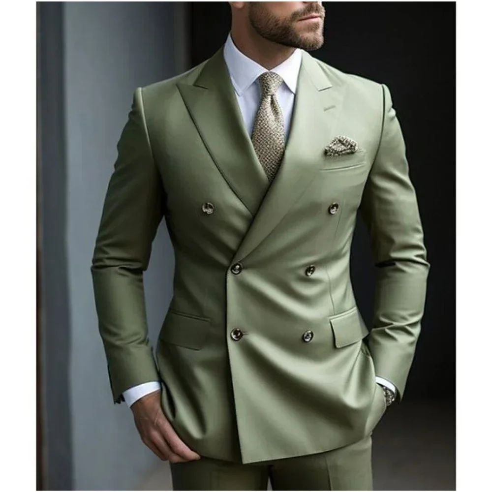 

Luxury Green Suit For Men Wedding Solid Color 2 Piece Jacket Pant Daily Double Breasted Six-buttons Formal Casual Business Set