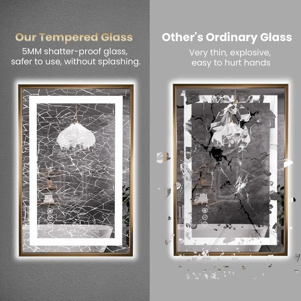 Miroir de salle de bain LED encadré doré avec éclairage avant, rétroéclairé, variable, antibuée, incassable, 3 options de couleurs, 28 x 36