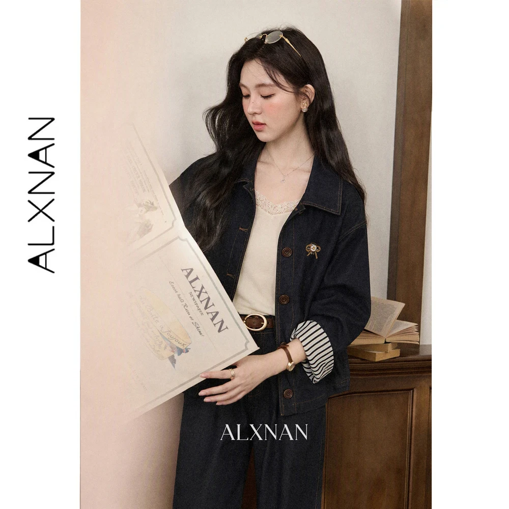 ALXNAN Vintage Blue Denim Short Jacket for Women Fall Korean Style Collared Short Coat 2026 Elegant Long Sleeve Outwear L681185A