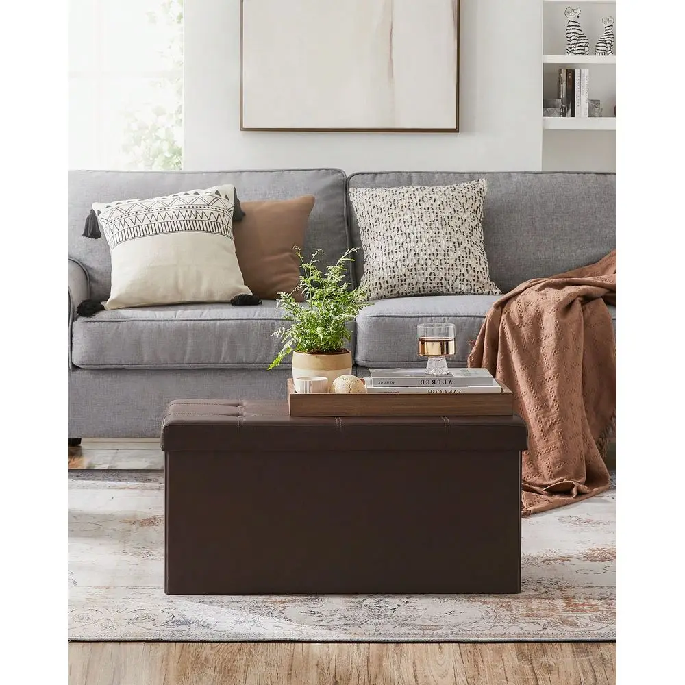 

30 Inches Folding Storage Ottoman Bench Storage Chest Footrest Padded Seat Faux Leather, Holds To 660 Lb Black, White, Brown
