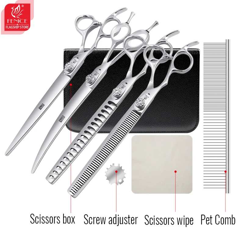 Fenice Pet Grooming 7.0 Inch Left Handed Diamond Screws Cutting Curved Thinning Chunker Shear Set Japan 440C Scissor Kit