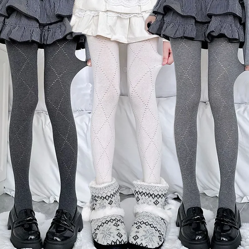 

Жаккардовые вязаные длинные носки в стиле ретро с ромбами, теплые корейские базовые леггинсы, осенние эластичные тонкие чулки, колготки для женщин